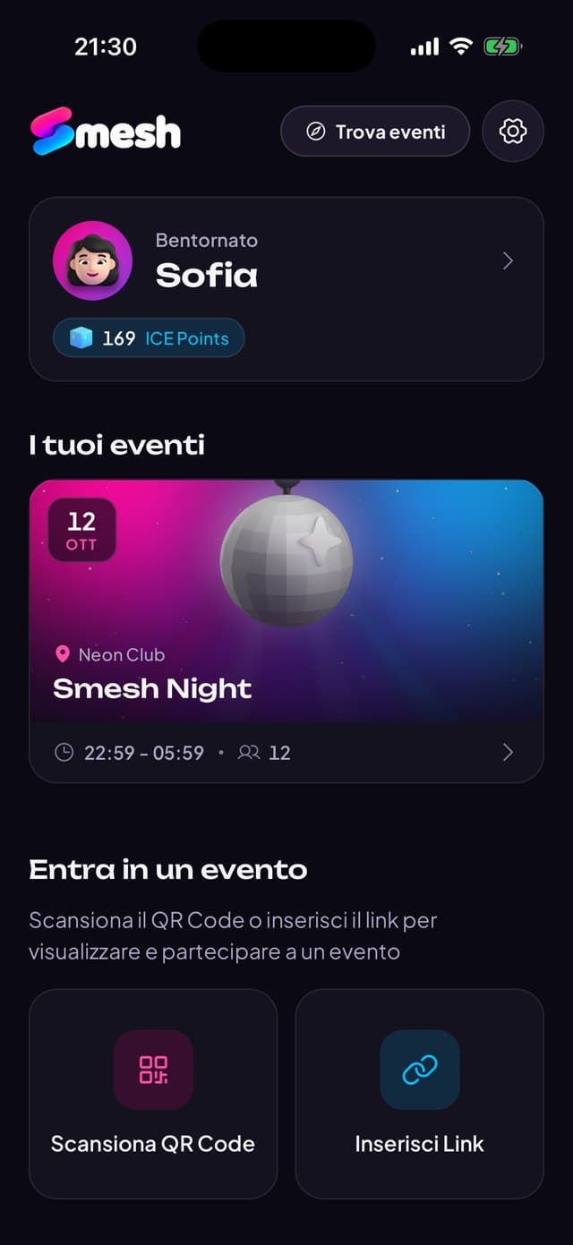 Home dell’app: scansiona il QR code o inserisci il link dell’evento